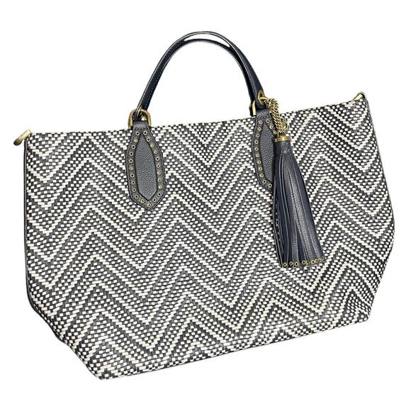 Michael Kors Brooklyn Large Woven Leather Satchel Navy White Boho Tote Purse - Picture 1 of 8
